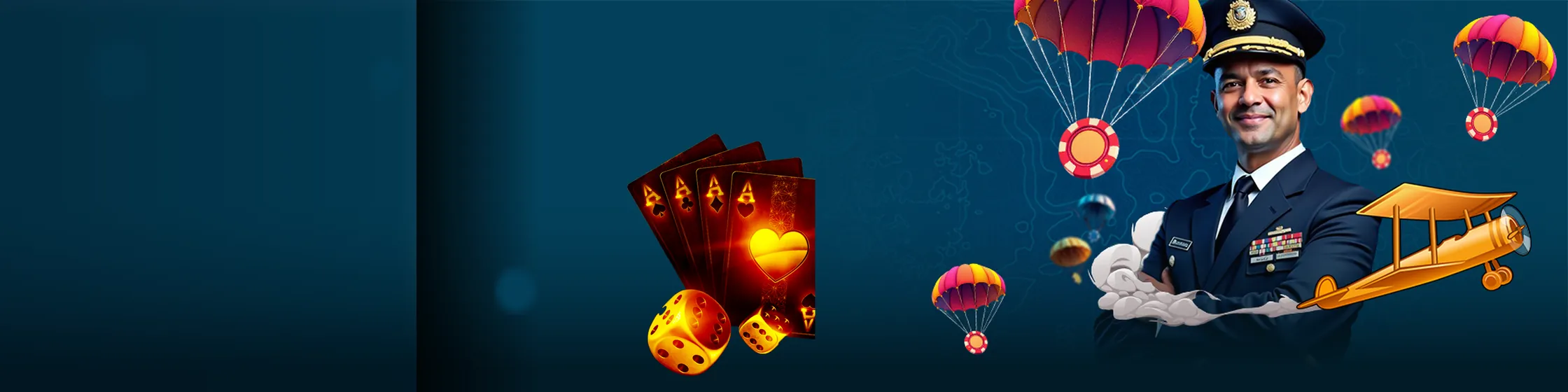 Volerbet piloot met gouden dubbeldekker en parachutes vol casinofiches
